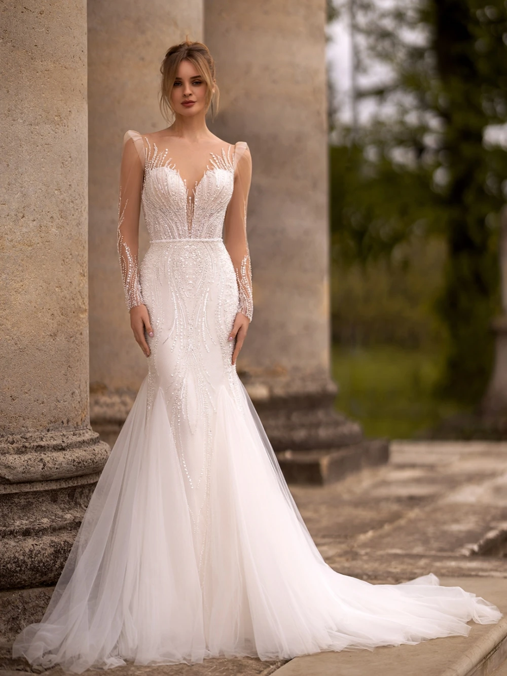 Detachable Train Mermnaid Wedding Dress Sequined Bead Bride Robe Sexy Deep V-neck Backless Bridal Gown Customized Robe De Mariée 4