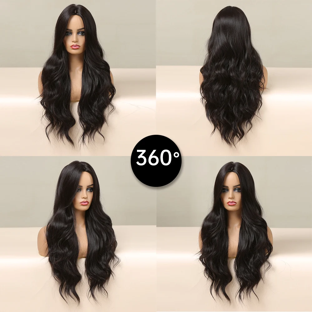 Dark Brown Black Long Body Wave Synthetic Wig for Women
