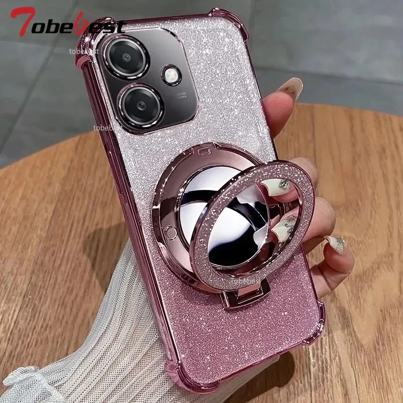 Glitter Shockproof Silicone Phone Case with Mirror and Magnetic Holder Stand