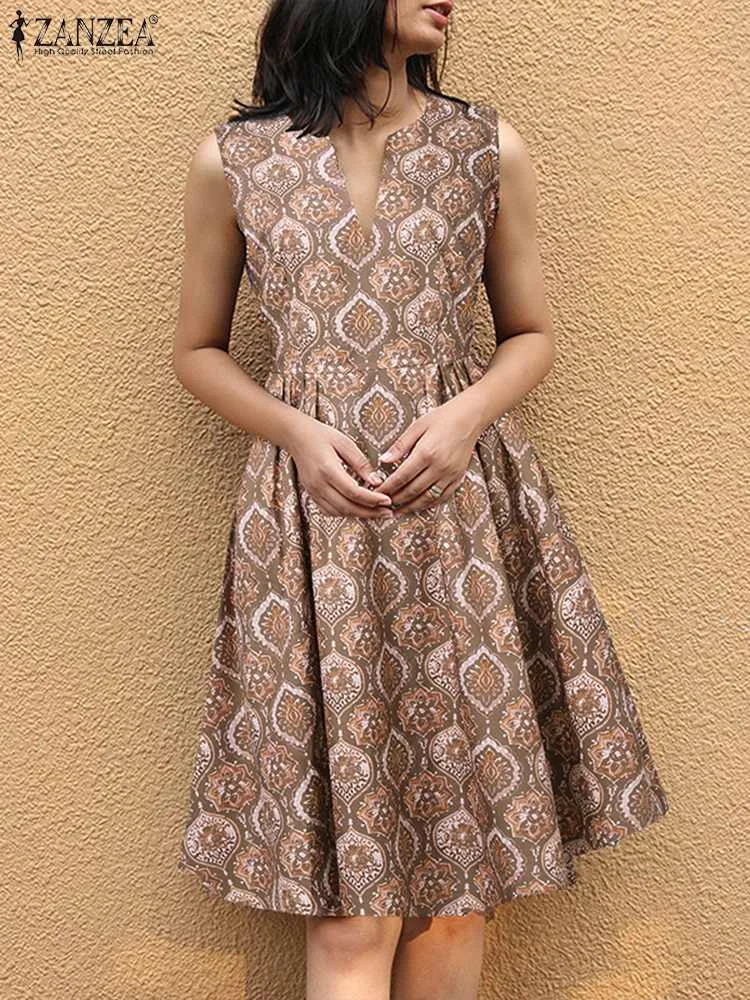 

Сексуальный сарафан ZANZEA без рукавов, повседневные платья с поясом, винтажное летнее платье 2023, богемное ретро платье-трапеция с V-образным вырезом и принтом
