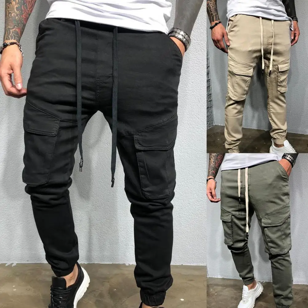 Fashion Training Slacks Slim Fit Skin-Touch Solid Color Drawstring Men Cargo Pants Long Fitness Pants for Mountain Climbing