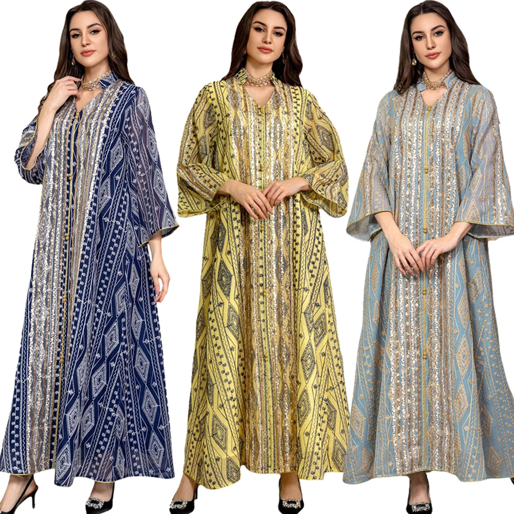 

Gorgeous Party Evening Dresses for Women Dubai Muslim Vintage Ethnic Sequin Gold Thread Embroidery Abaya Moroccan Kaftan Ramadan