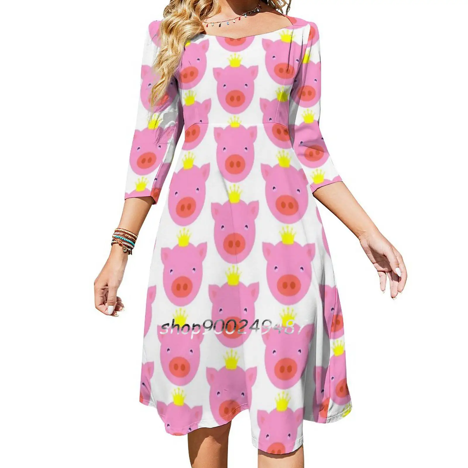 Maiale Maiale Maiale Maiale Dolce Abito Elegante Donna Coreano Kawaii Colletto Quadrato Abito Principe Maiale Corona Re Rosa Rosa