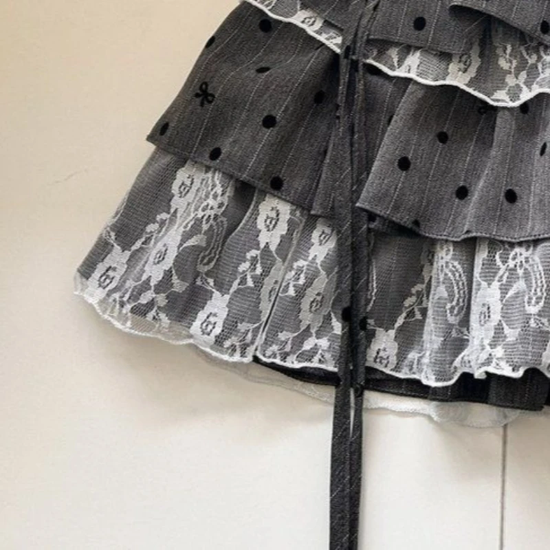 Y2k Harajuku Polka Dot Sweet Skirts Women Vintage Aesthetic High Waist Cake Mini Skirt Lace Patchwork Casual Bandage Kawaii Jupe 5