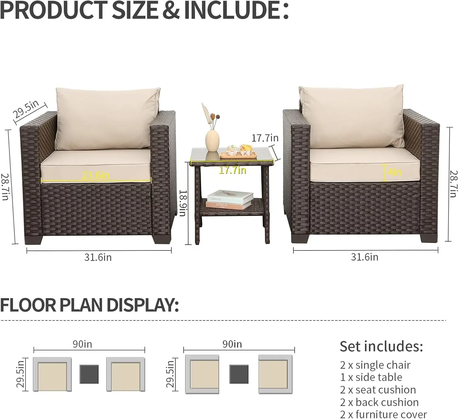 NEW-3 Pieces Patio Single Sofa Chairs and Glass End Table Outdoor Chairs Set of 2 and SideTable with Anti-Slip Cushions , Khaki