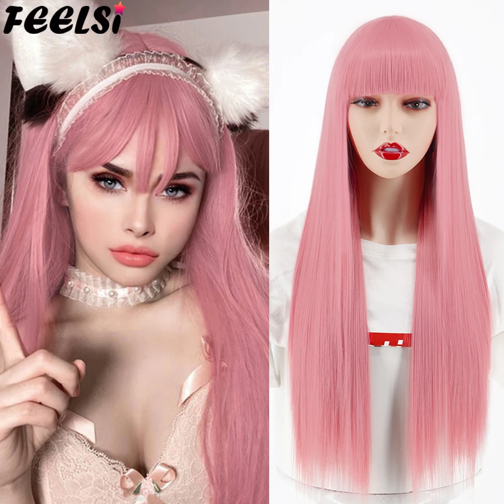 

FEELSI Synthetic Hair Long Straight Wig With Bangs Christmas Deep pink Wig Orange Brown Black 26Inch Halloween Cosplay For Women