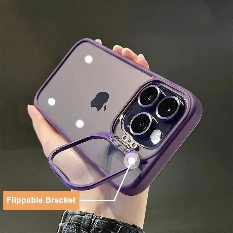 Luxury Bracket Transparent Phone Case For iPhone 15 16 14 13 Pro Max 16 Plus With Holder Camera Lens Protector Shockproof Cover