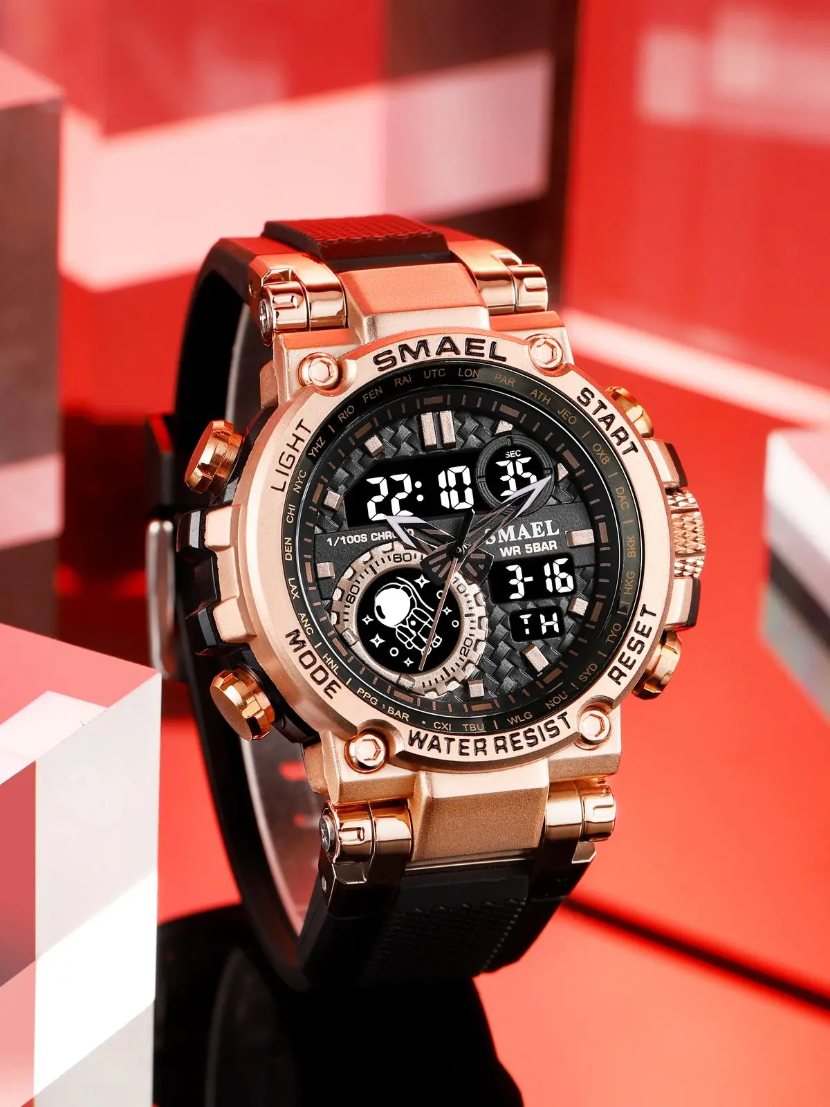 Orologio Sportivo Digitale SMAEL 8049, Uomo, Impermeabile, Con Cronometro E Doppio Fuso, Colore Arancione