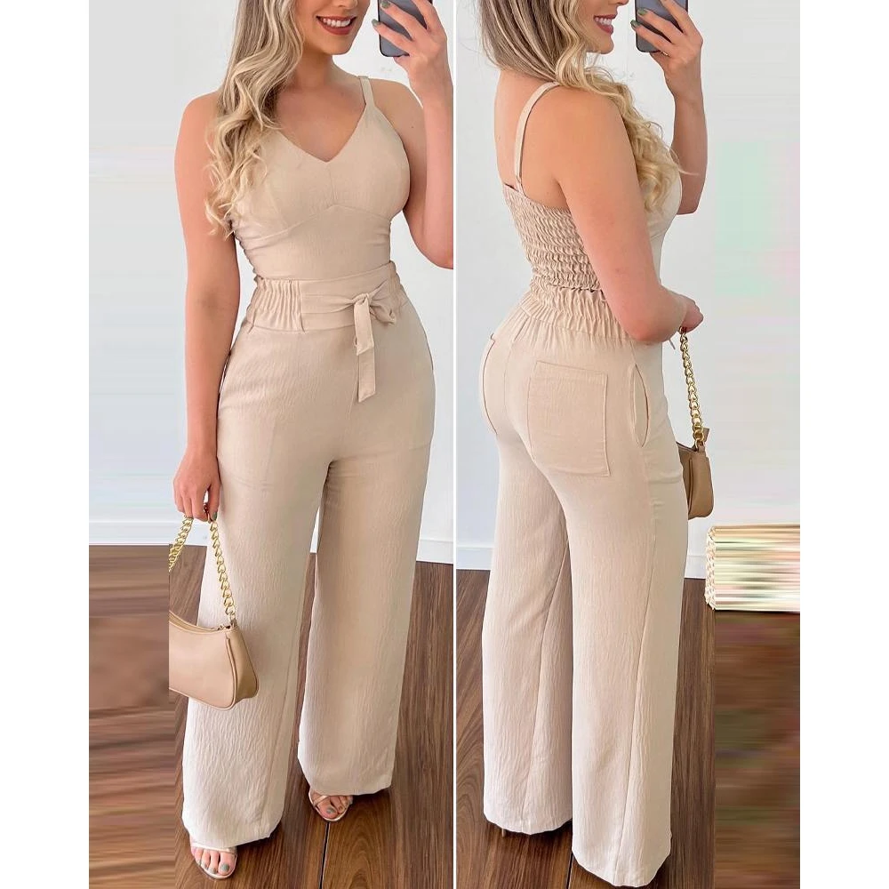 Summer Women Causal Shirred V-Neck Cami Top & High Waist Pocket Tied Detal Long Pants Set Suit New in Outfits 2023 Woman Clothes