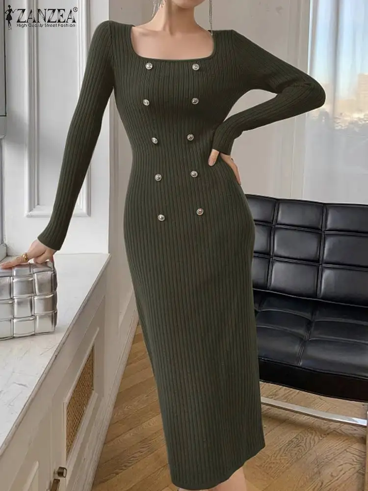 

Платье ZANZEA 2023 женское трикотажное в рубчик с квадратным вырезом, модное зимнее однотонное платье средней длины, пикантное облегающее платье на пуговицах