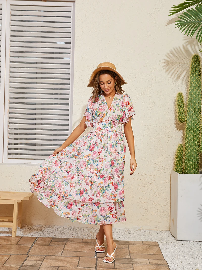 Boho Chiffon Pleated Long Women Dress Sexy Vintage Elegant V Neck Short Sleeve Dress Pink Floral Beach Summer Dress Women 2023