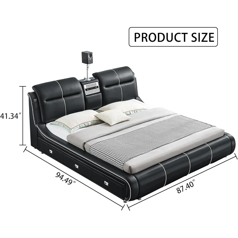 Multifunctional King Size Bed Frame, 720P Projector/Air Purifier/Massage Function/Music Speaker/USB Port/Storage Drawers 2