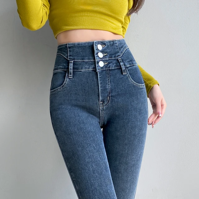 B91xZ Summer Pants Women Color High Women Elastic Denim Pocket Jeans Solid  Waist Slim Button Pants Women's Jeans Jeans For Women Light Blue,Size L