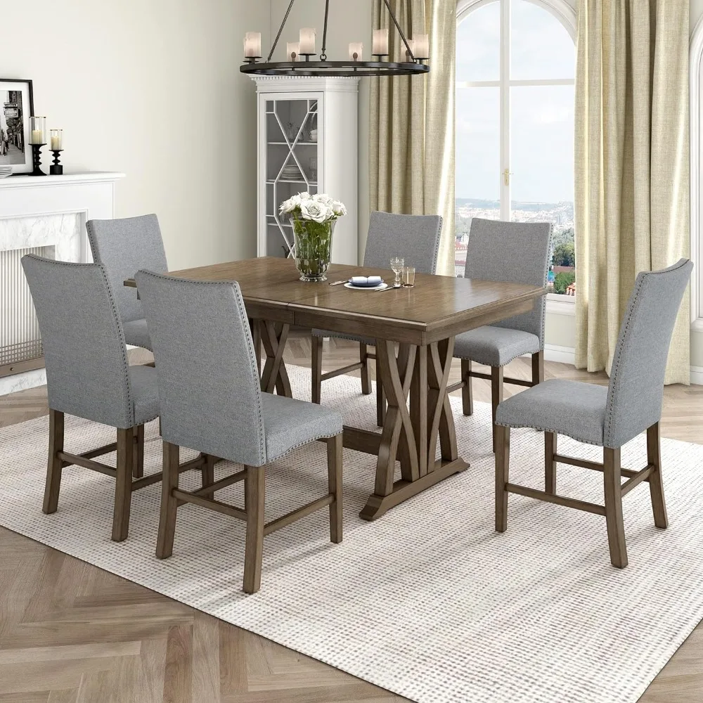 

Dining Room Sets, 7 Piece Table Set, Extendable Table with 12” Leaf and 6 Upholstered Chairs, Dining Room Sets