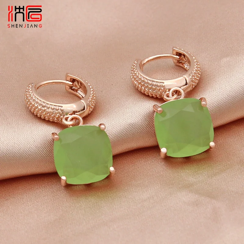 

SHENJIANG New Fashion Colorful Square Crystal Drop Earrings 585 Rose Gold Trendy Eardrop For Women Wedding Elegant Jewelry Gift
