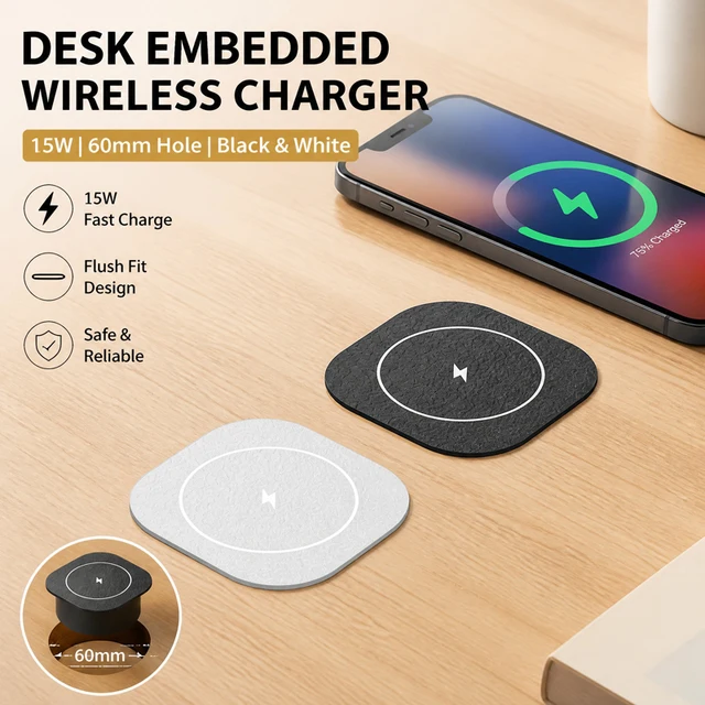 15W Built-in Wireless Charger Flush Mount Desktop Charging Station Black & White , US/EU/UK Plug Fast Charge for Office Home 1