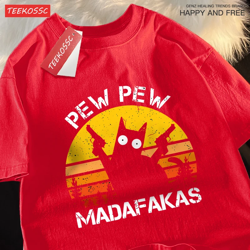 Pew Pew Madafakas Cat With Two Guns T-Shirts Man Street Summer Short Sleeve Harajuku Cotton Tshirt Oversized Breathable Tops