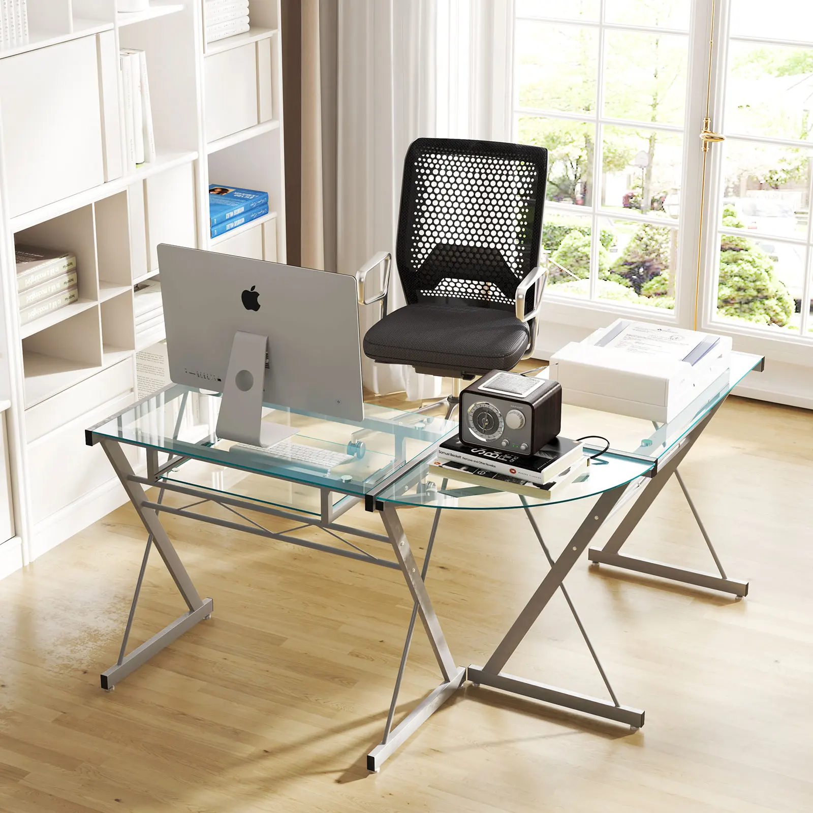 Soges Computer Desk, L Shaped Glass Desk, Large Corner Table Office