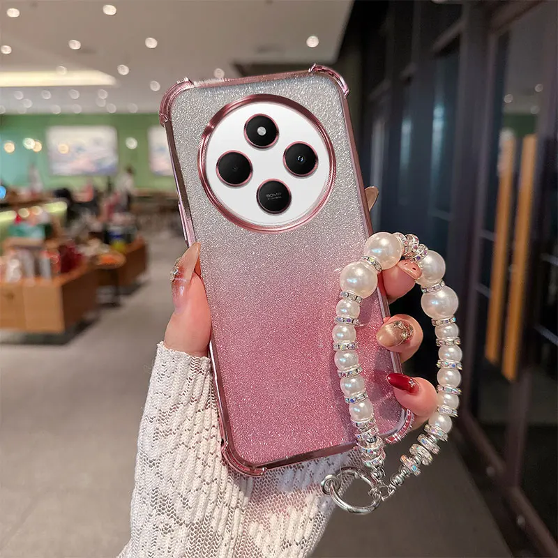 Gradient Glitter Shockproof TPU Phone Case with Luxury Pearl Chain Wrist Strap