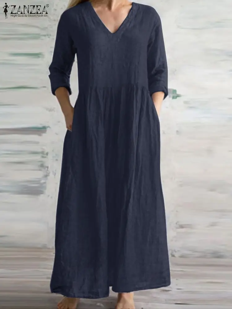 

ZANZEA Spring Fashion Cotton Dress Female Solid Color V-Neck Long Sleeve Sundress Women OL Office Dresses Casual Baggy Vestidos