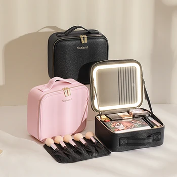 Custodia da viaggio per trucco con specchio illuminato a LED, 3 impostazioni di regolazione del colore, borsa per trucco da viaggio con divisori regolabili,