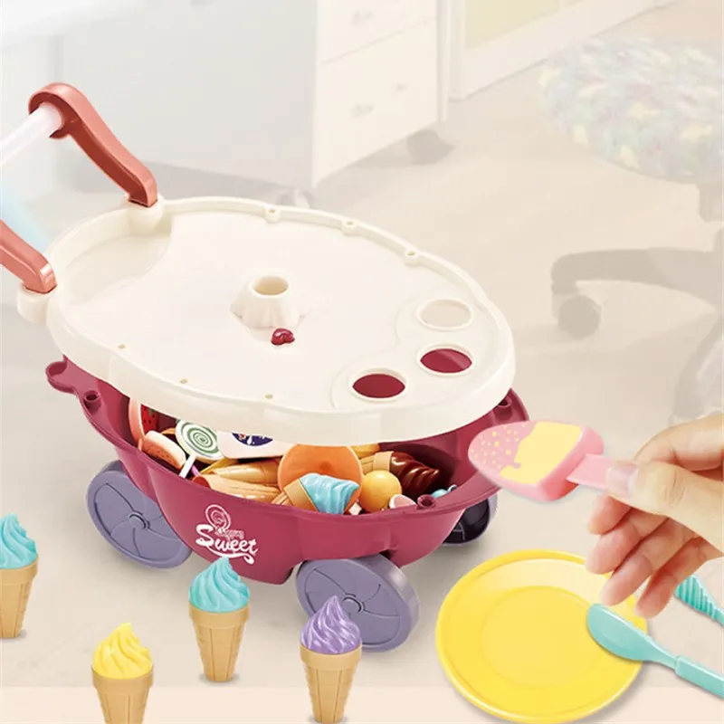Pretend Play Kitchen Toys Mini Food Toys Kids Kitchen Play Toys Ice Cream Candy Trolley House Ice Cream Push Up Cars Cooking Set Toys Pretend Play For Girls Gift