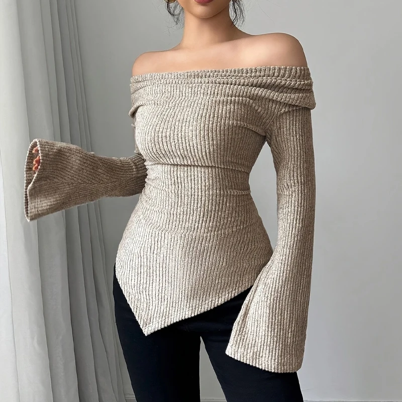 2025 Women Autumn Winter Long Sleeve Y2K Crop Top Trendy Off Shoulder Asymmetrical Fitted Knit V Neck Tee Shirts Tops Streetwear - Image 5