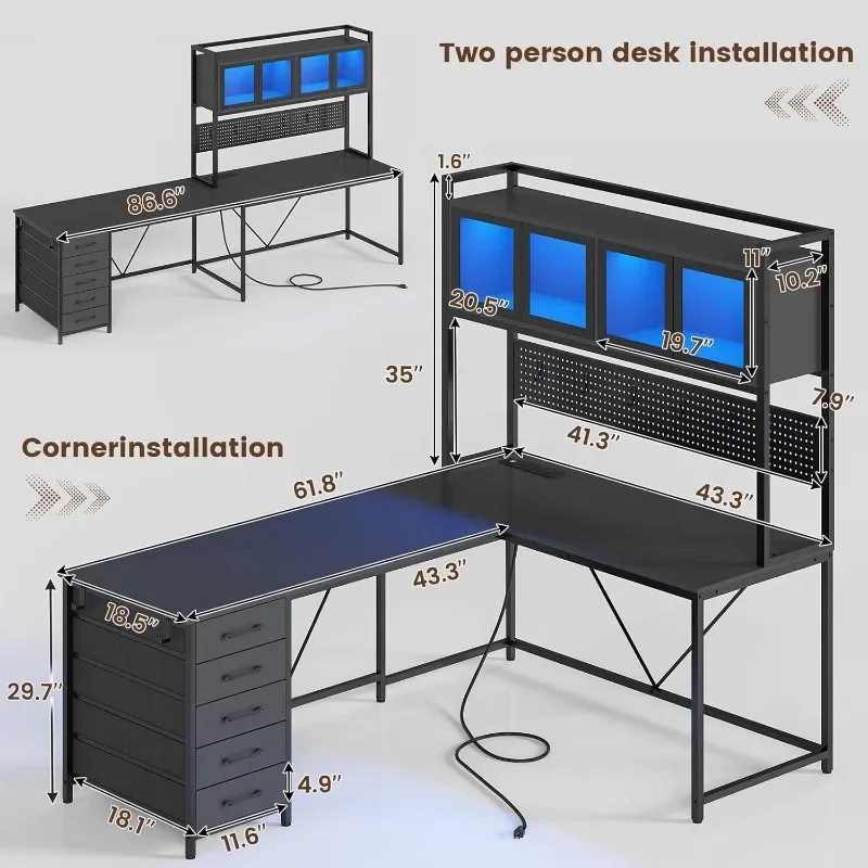 L Shaped Gaming Desk with Drawers, L Shaped Computer Hutch and Storage Shelves, Gaming Desk with Pegboard, Led Lights 3