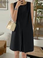 ZANZEA Women Tank Dresses Oversized 2024 Summer Sleeveless Knee Vestidos Casual Solid Loose O Neck Sundress Pockets Robes Femme - Image 5