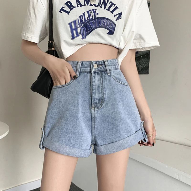 Ailegogo New Summer Women High Waist Loose Retro Blue Denim Shorts Casual Female Streetwear Wide Leg Vintage Ladies Jeans Shorts african dresses