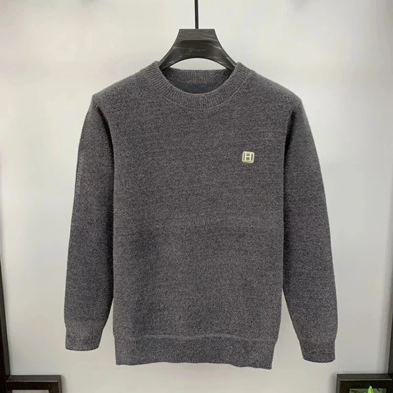 Winter Men's Warm Fleece Sweater O-Neck Embroidered Casual Knitted Inner Lap Pullovers Thick Thermal Underwear Sweater 6