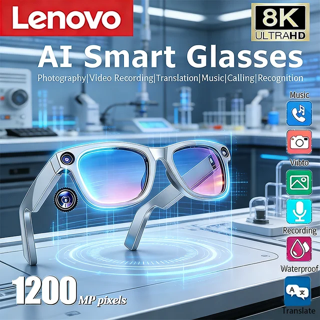 Lenovo 8K AI Smart Glasses With Chat Gpt Touch 1200mp Camera Sport AI Sunglasses Music Player Bluetooth Calling Assistant New