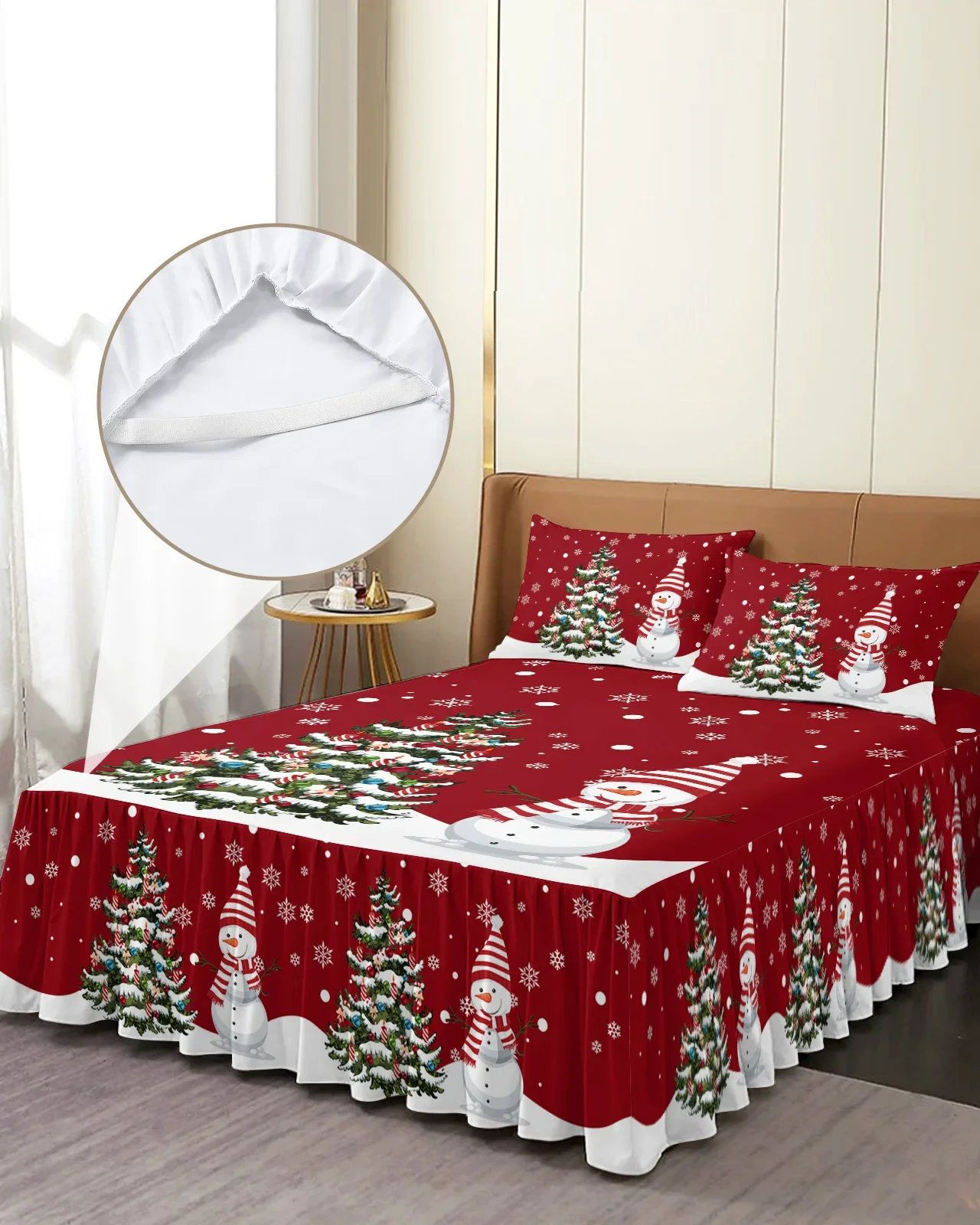 

Snowman Christmas Tree Snowflake Bed Skirt Elastic Fitted Bedspread With Pillowcases Mattress Cover Bedding Set Bed Sheet