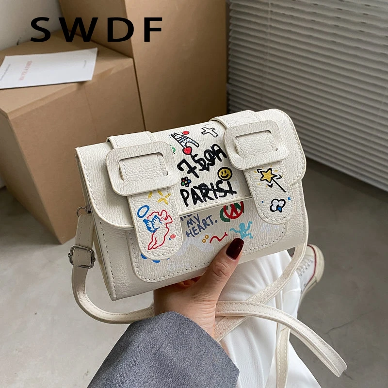 SWDFNew2023DesignerPatchworkFlapBagCutePrintLeatherHandbag