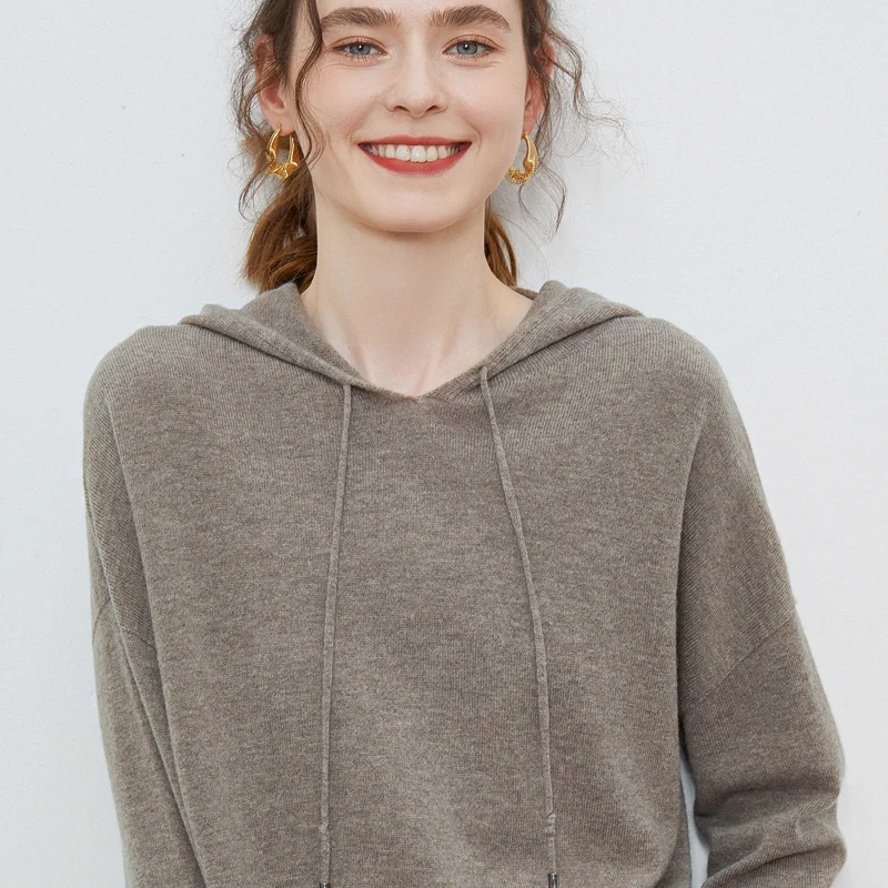 

100% pure wool hooded sweater loose casual new solid color knitted women's long sleeved cashmere sweater new pullover