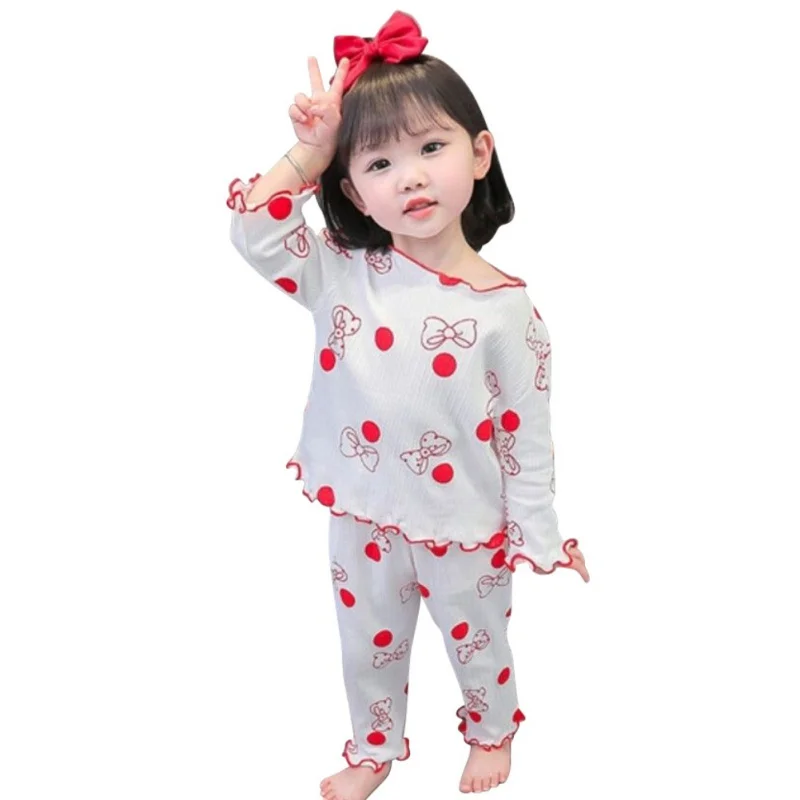 Spring Autumn Children's Bow Print Long Set Girls Comfortable Cute Home Wear Two-Piece Pajamas Sleepwear