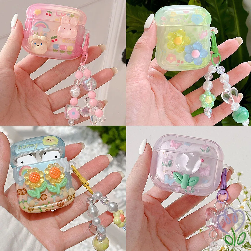 Gradient Pink Cute 3D Rabbit Flowers Tulip Case Sun Flower Heart Pendant Per Apple Airpods Pro 2 1 3 Lucky Wave Auricolare Cover