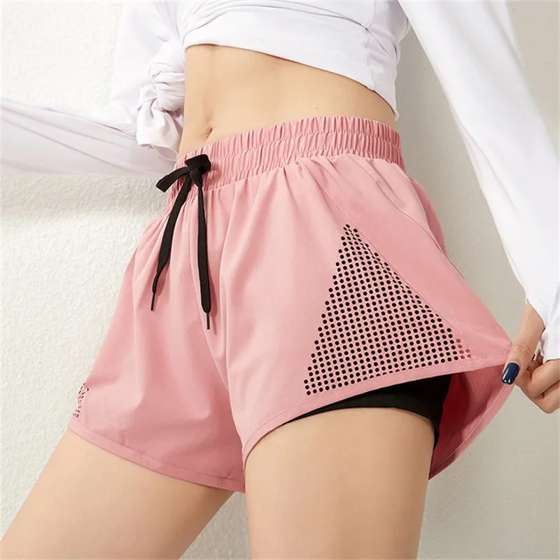 Summer Loose-Fit Quick-Dry Hollow Breathable Anti-Exposure Fitness Yoga Two-Piece Illusion Three-Quarter Length Trousers