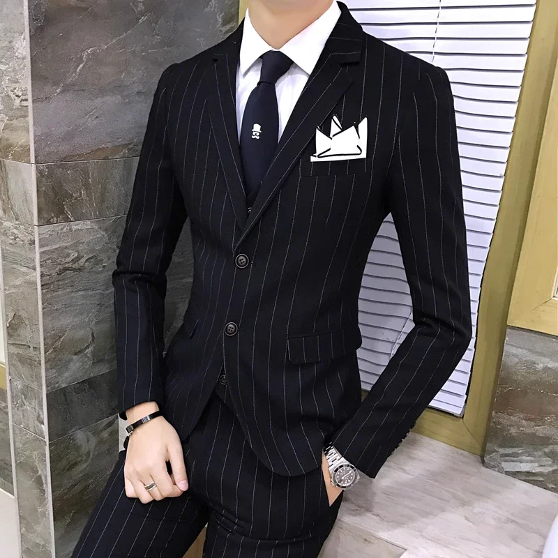 Black Men Classic Striped/Checked Suits, Business Office 3 Piece, Asian Size Slim Fit Men's Dress Jacket & Pants with Vest