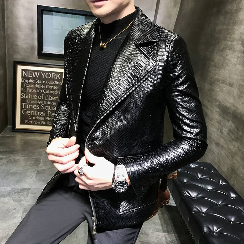 Dunayskiy Men Autumn Design Biker Solid Color Casual Snake Leather Jacket Coat PU Leather Jackets Men British