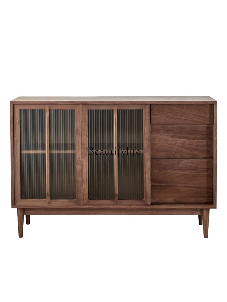 

Black Walnut Wood Sideboard Cabinet Hallway Light Luxury Solid Wood Modern Minimalist Tea Cupboard