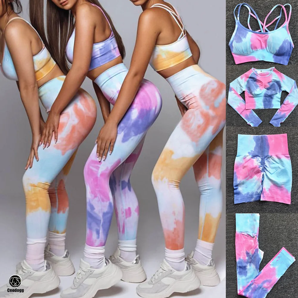 Women Dye Sportswear Yoga Set Workout Leggings Push Up Pant Gym Shorts Seamless Fitness Sports Bra Tracksuit Yoga Suit 1Pcs sports bra set,gym workout set,yoga pants set,yoga set,sports set shorts,fitness set,sportswear set,sports set