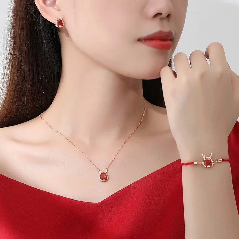 

2024 New Red Lucky Dragon Earrings Women's Vintage Cute Earrings Bracelet Necklace Set Girl Gift goth choker