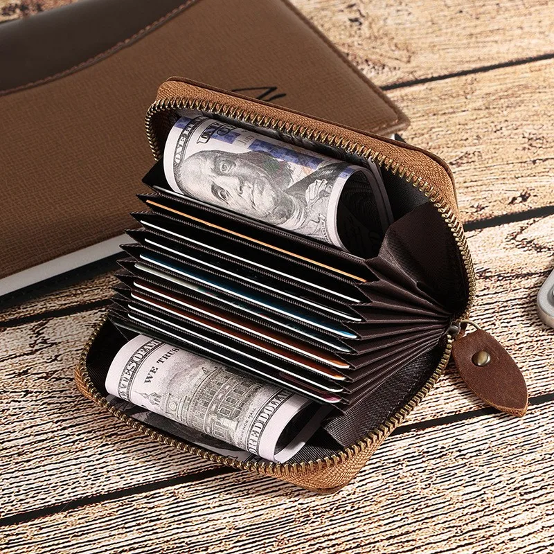 Crazy Horse  RFID Anti Magnetic Card Bag Large Capacity Card Holder Organ Bag Clip Multi Card  Genuine Leather Coin Wallet