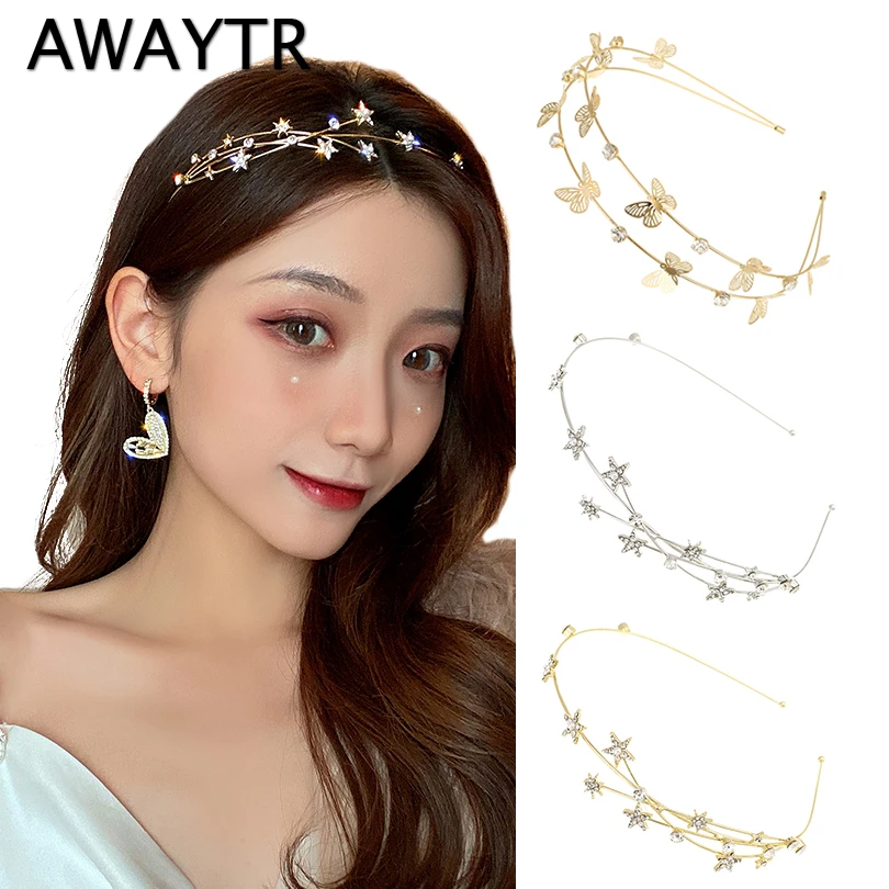 AWAYTR Chic Rhinestone Star Headband for Women Party Hairband Multilayer Pearl Butterfly Hair Hoop Bezel Girls Hair Accessories royal blue rhinestone bridal belts gold plated moroccan chic caftan belts long chain arabic turkish robe wedding jewelry chains