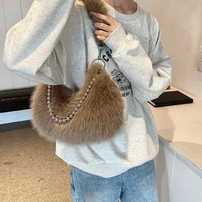 New Winter Furry Tote Bags Fashion Plush Underarm Bag Chain Single Handbag Shoulder Bag Fox Fur Crossbody Bag for Women Daily
