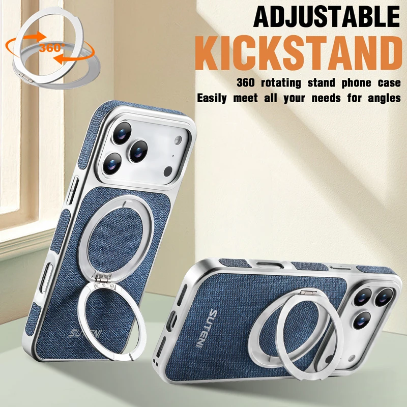 Fashion Magnetic Denim Pattern PU Leather Phone Case with 360° Rotating Ring Bracket