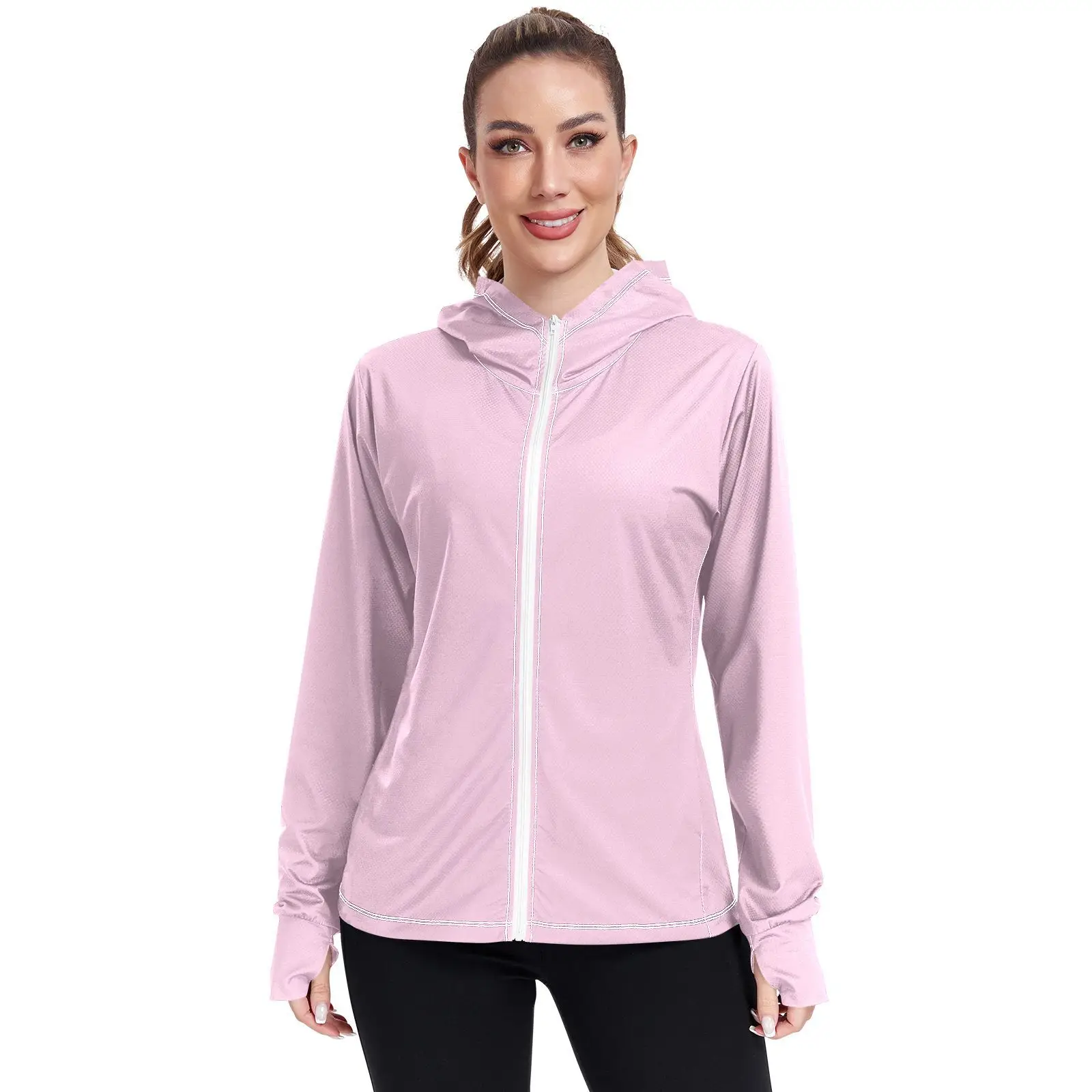 

Sunscreen Hoodie Pink UPF 50 Protection Tops Women Ice Silk Breathable Ultrathin Jacket Outdoor Quick Dry Fishing Running Coat