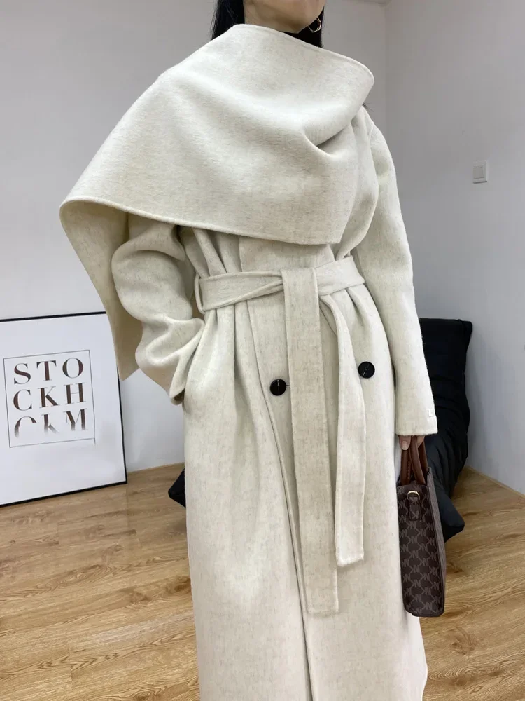 

New Fashion Scarf Collar Warm Double-sided Wool Coat Loose Women Fashion Double-breasted Long Woolen Coat Female Clothing Autumn