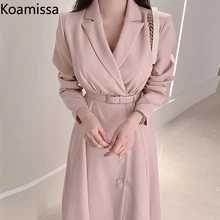 

Koamissa Elegant Women Solid Blazer Maxi Dress Office Lady Long Sleeves Notched Belt A Line Dresses Fashion Spring Autumn Robe